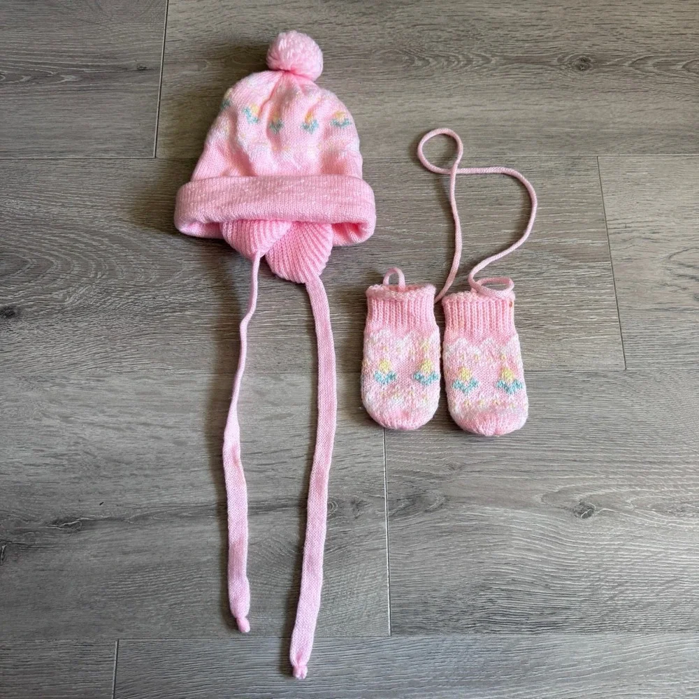 Vintage Pink Fair Isle Knit Baby Hat and String Mitten Set Pom Pom Ear Flaps